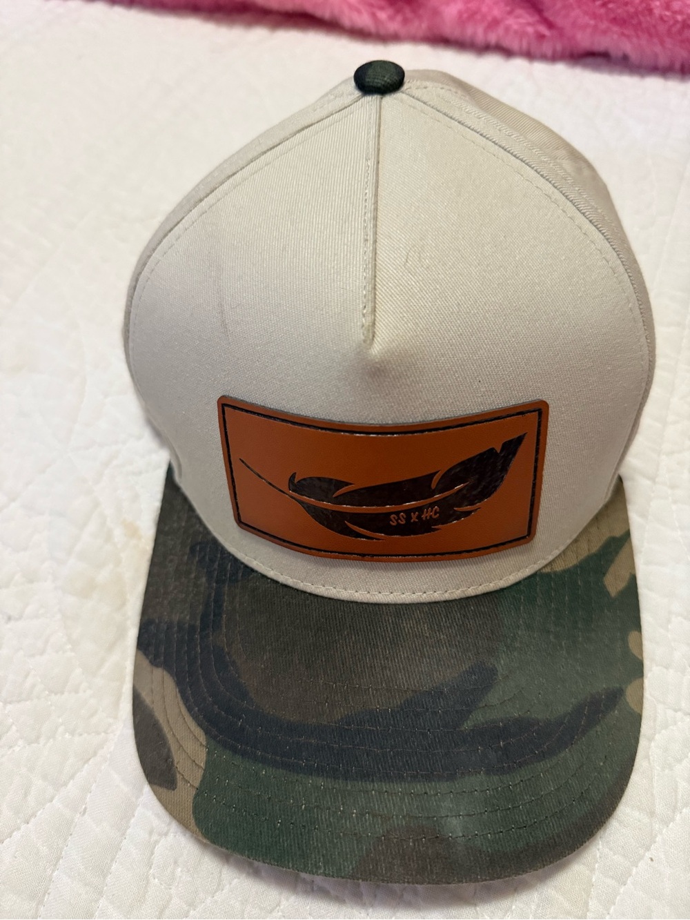 Southern String Hat Co. Beige & Camo Feather Patch Trucker Cap